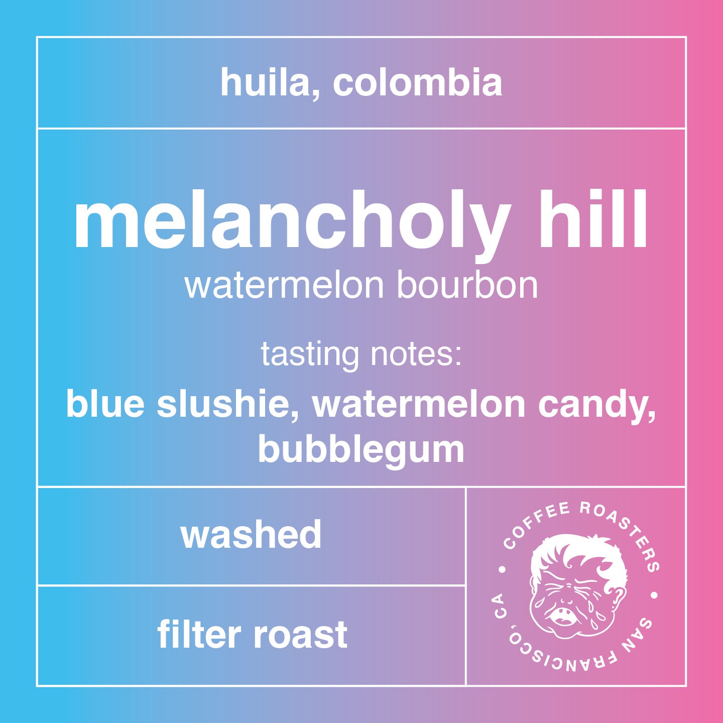 poorboy coffee label for 'Melancholy Hill' watermelon bourbon with tasting notes and brand logo.