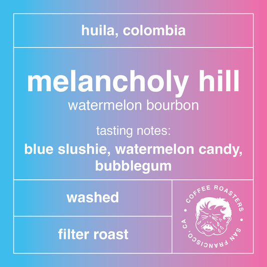 poorboy coffee label for 'Melancholy Hill' watermelon bourbon with tasting notes and brand logo.